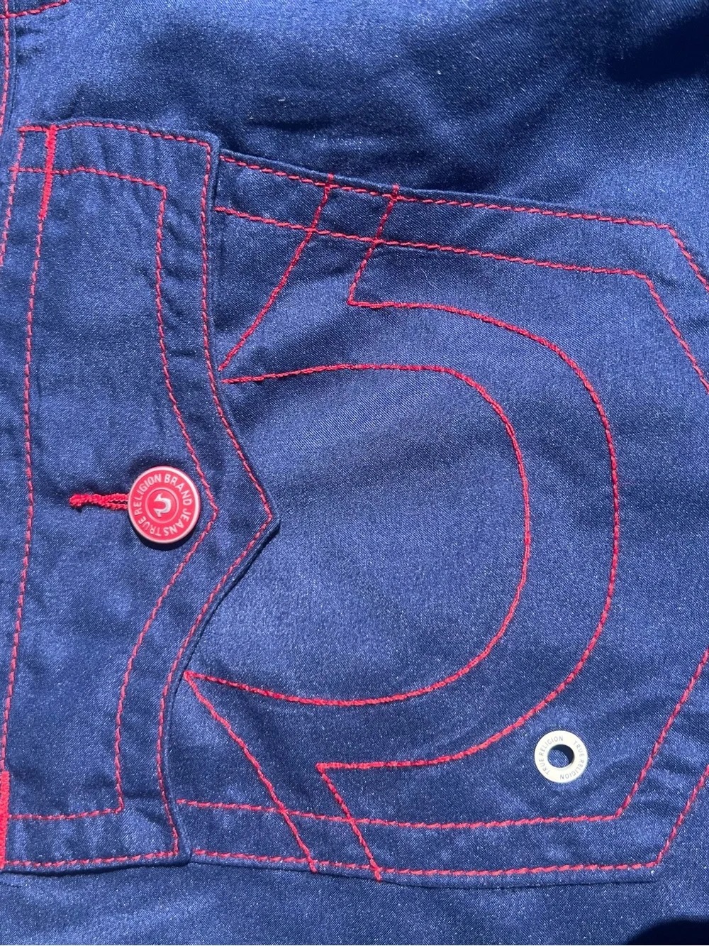 True Religion blue Swim Board Shorts with red Stitching